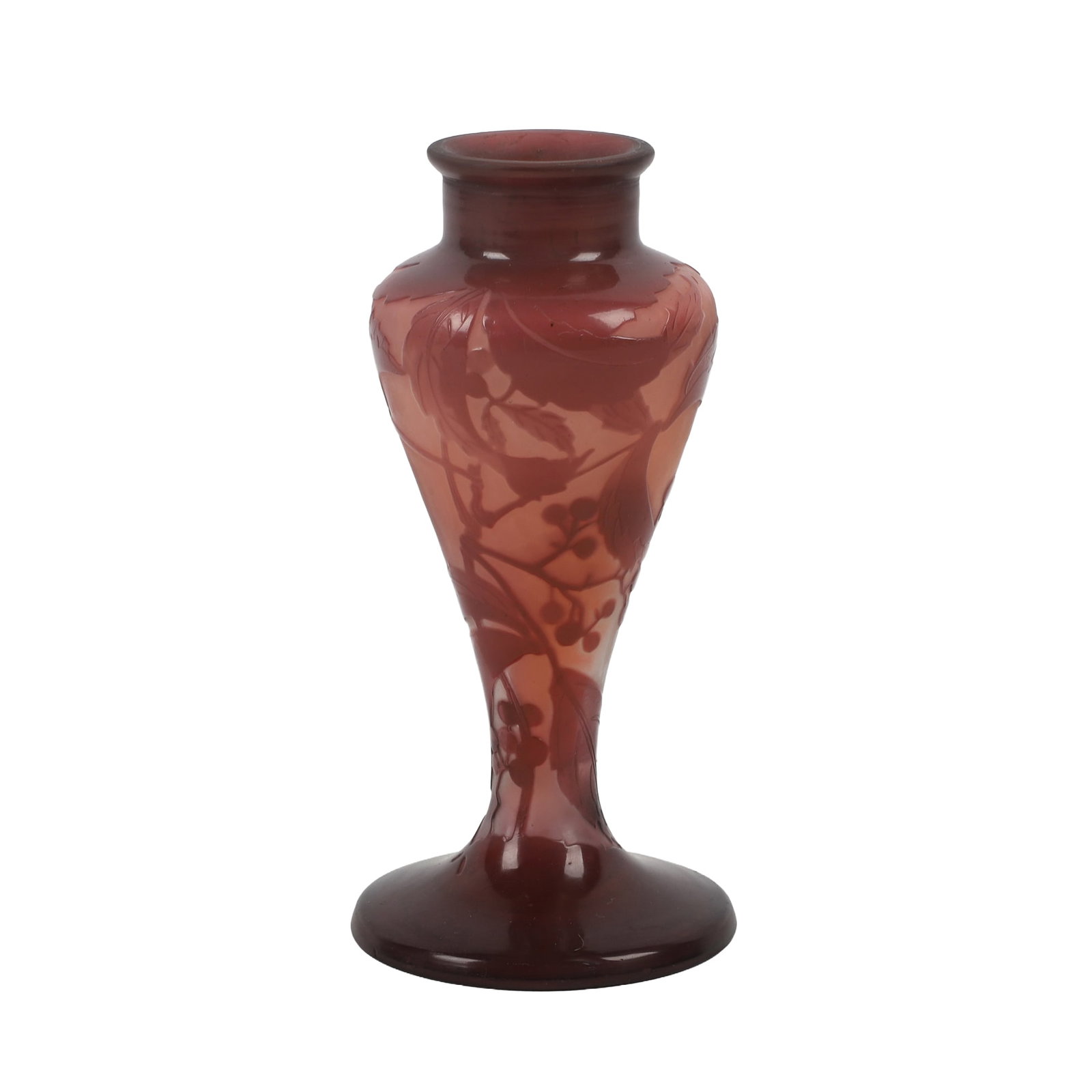 Galle Style Baluster Cameo Art Glass Cabinet Vase: Galle Style Baluster Cameo Art Glass Cabinet Vase Art Nouveau Galle style baluster form cameo art glass cabinet vase wrapped in ivy motif. Rich purple shade, signature at neck of base, no chips/cracks