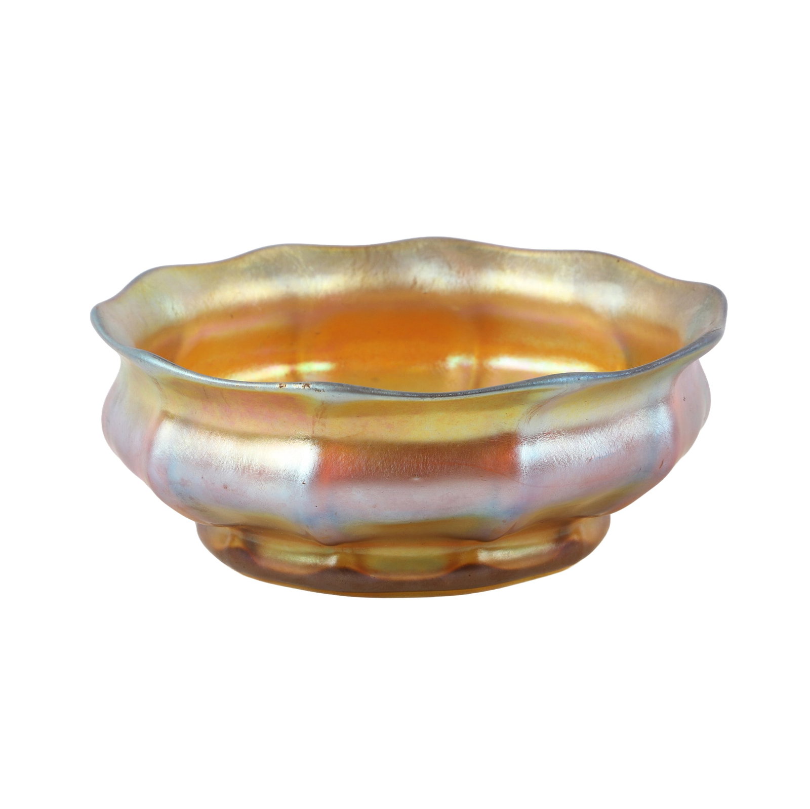 Art Nouveau LCT Tiffany Favrile Glass Bowl: Art Nouveau LCT Tiffany Favrile Glass Bowl Art Nouveau LCT Tiffany Favrile iridescent glass bowl in a fantastic array of colors. Scalloped rim with ribbed exterior, etched makers marks underneath, no 