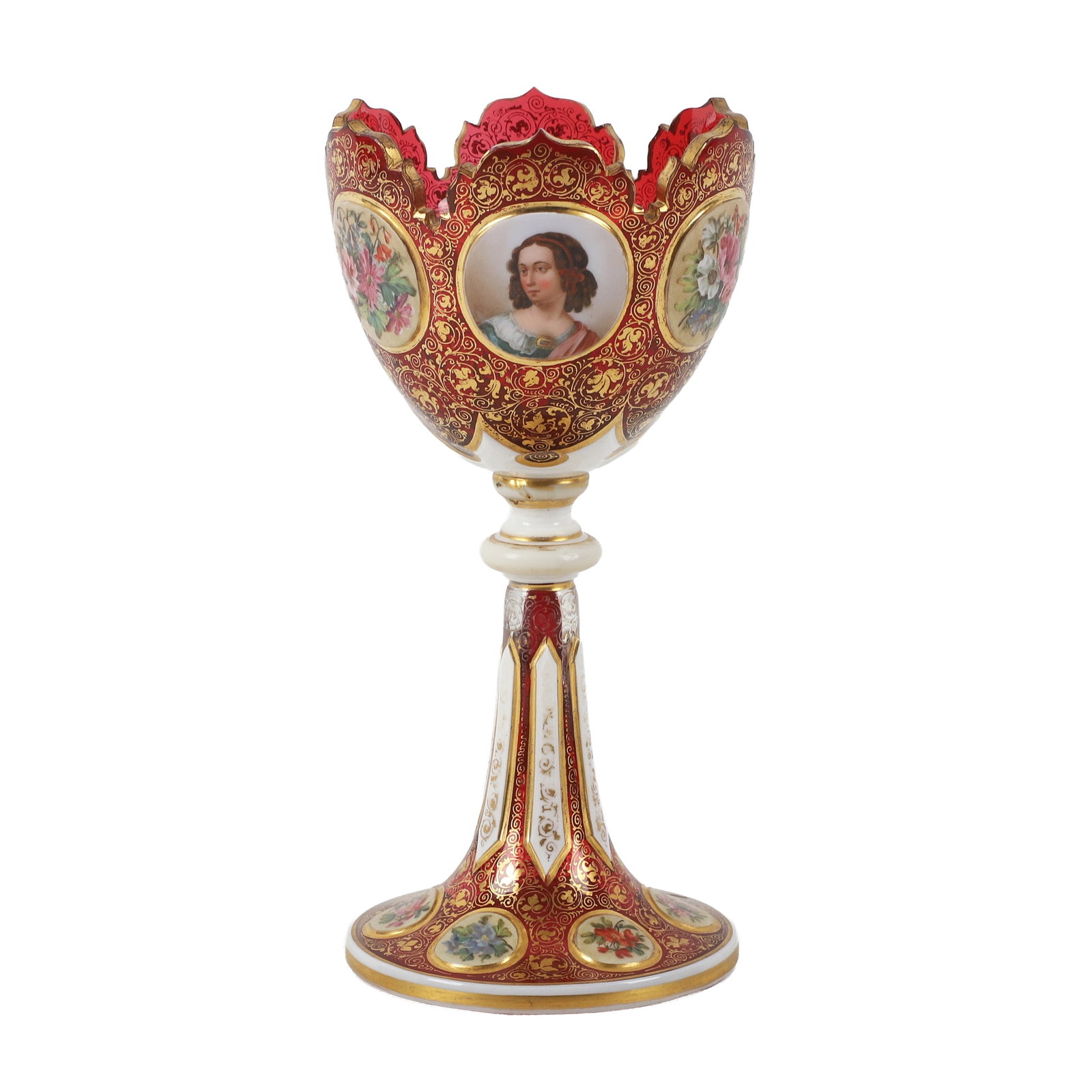 Antique Bohemian Cranberry Glass Portrait Vase: Antique Bohemian Cranberry Glass Portrait Vase Antique Bohemian style cranberry glass chalice form vase overlaid with six circular porcelain panels with alternating portraits and floral decoration. Ad