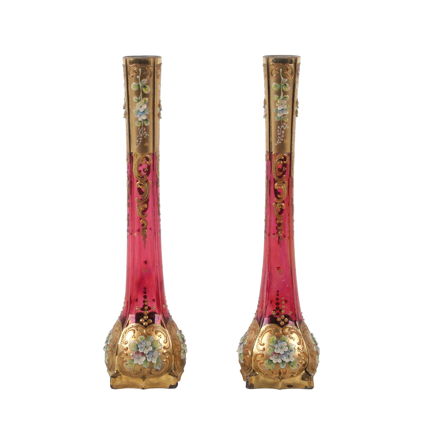 Pair of Moser Style Enameled Cranberry Glass Vases (1 of 17)