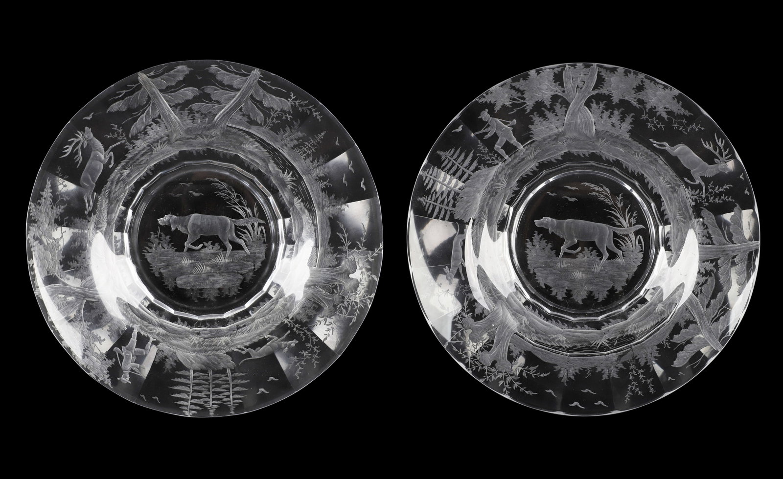 (2) Bohemian Cut Glass Hunting Scene Bowls: (2) Bohemian Cut Glass Hunting Scene Bowls Duo of turn of the century intaglio cut glass Bohemian crystal bowls with scenes of dogs, hunters & deer. No chips/cracks/repairs noted, makers mark on the i