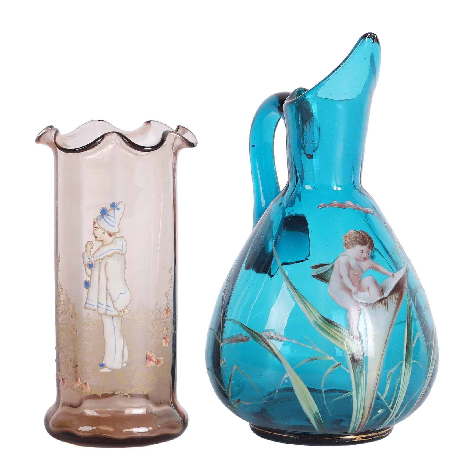 (2) Bohemian Figural Enameled Art Glass Duo: (2) Bohemian Figural Enameled Art Glass Duo Art Nouveau Moser style blue/green ewer decorated with a cherub climbing into a flower paired with a Rossler amber glass clown vase. No chips/cracks/repairs