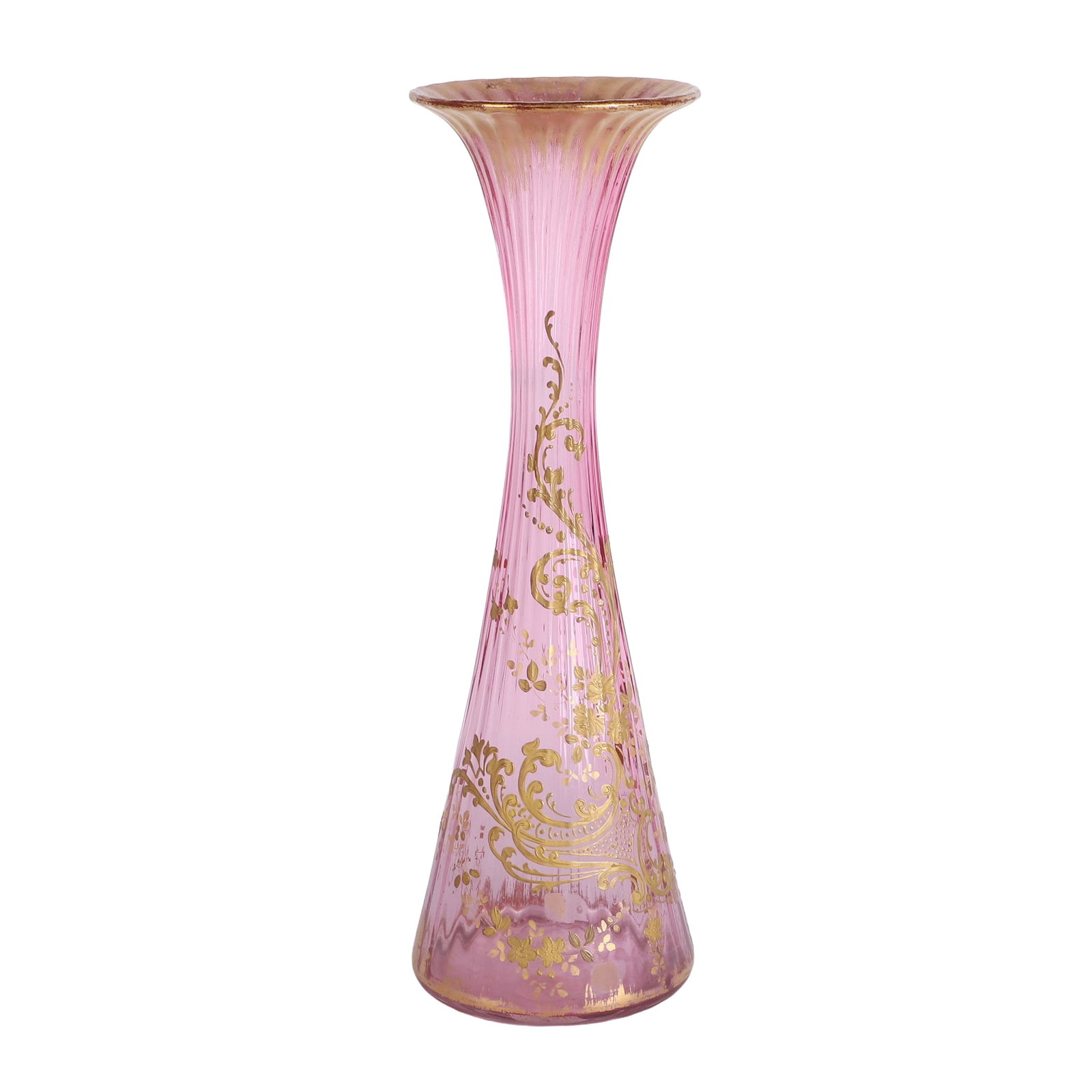 After Pantin, Art Nouveau Cranberry Art Glass Vase: After Pantin, Art Nouveau Cranberry Art Glass Vase Turn of the century Art Nouveau Pantin style cranberry hourglass form vase decorated with gilt design work/rim, no chips/cracks/repairs noted. 15
