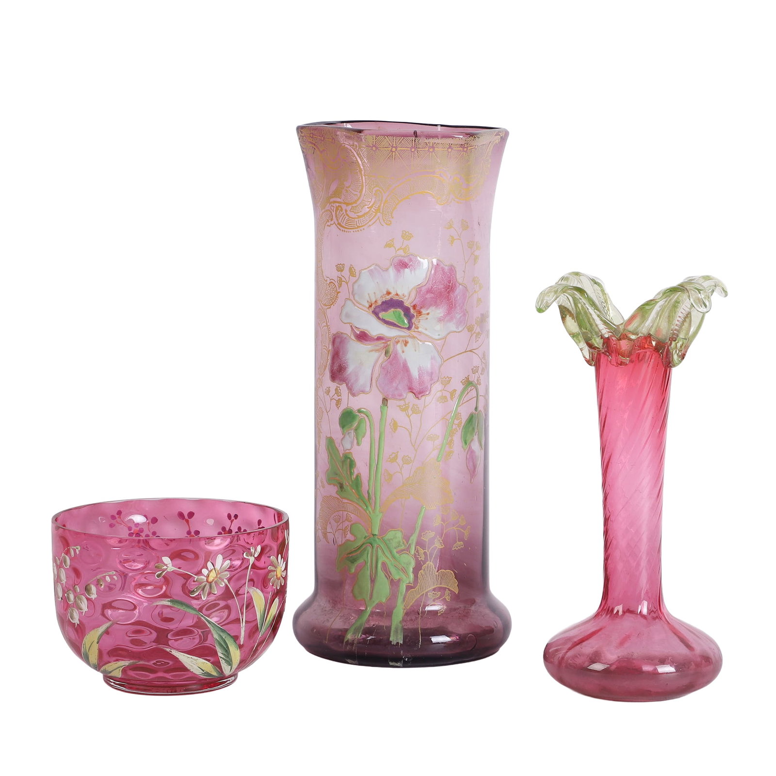 (3) Fine Art Glass Feat. Cranberry: (3) Fine Art Glass Feat. Cranberry (3) Collection of vintage & antique art glass to include: 1) Fenton style thumbprint finger bowl decorated with enamel flowers (4 1/2"w, 3 1/4"h). 2) Floral form