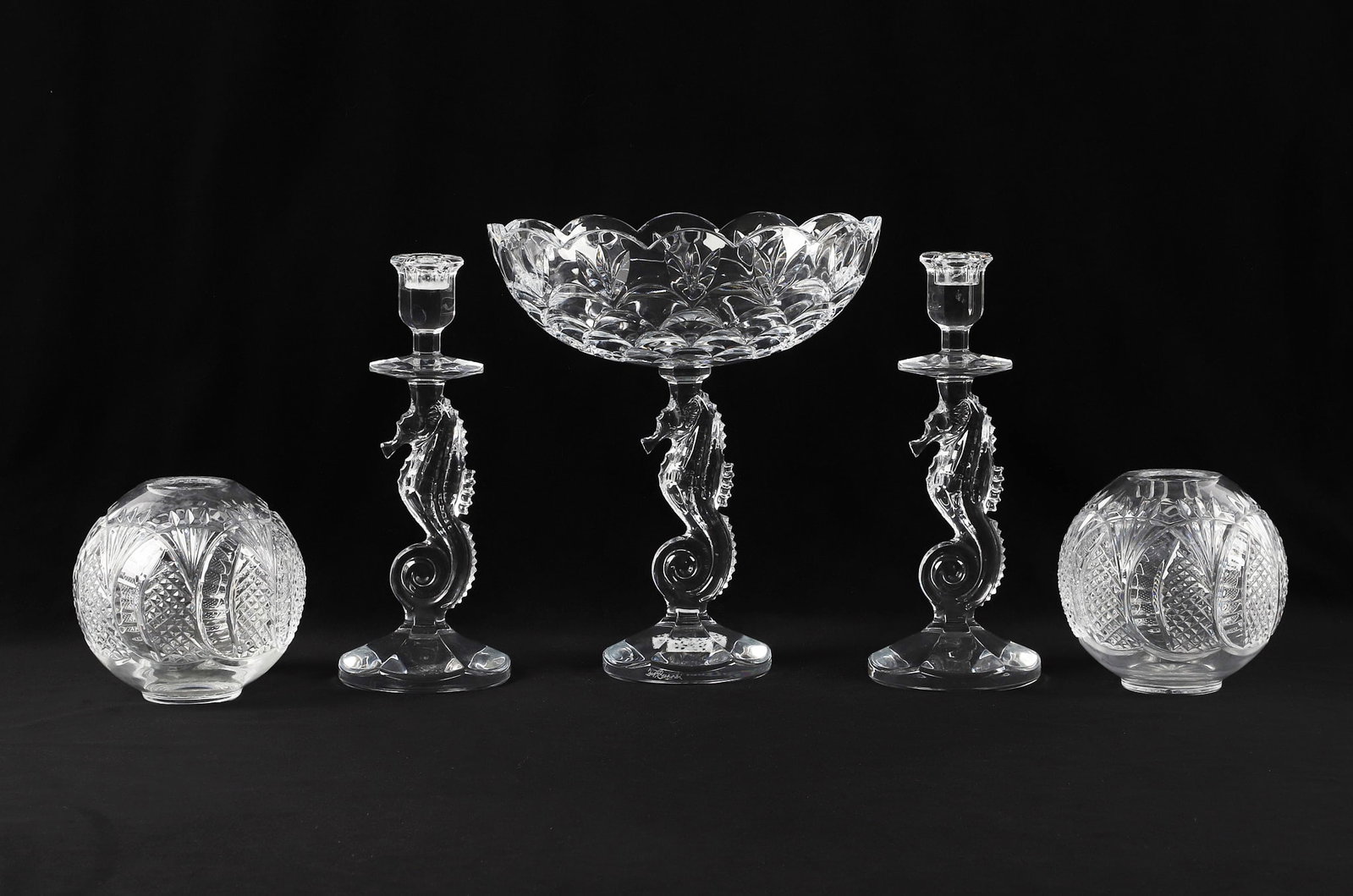 (5) Waterford 'Seahorse' Crystal Set: (5) Waterford 'Seahorse' Crystal Set (5) Waterford crystal 'Seahorse' pattern set to include: 1) (2) 'Seahorse' pattern rose bowls. 2) (2) Figural candlesticks. 3) Figural pedestal centerpiece bowl,