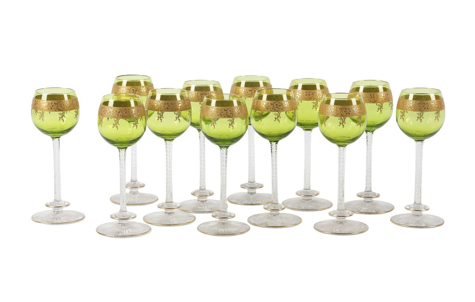 (12) Hand Blown Green Crystal Enamel Stemware (1 of 7)