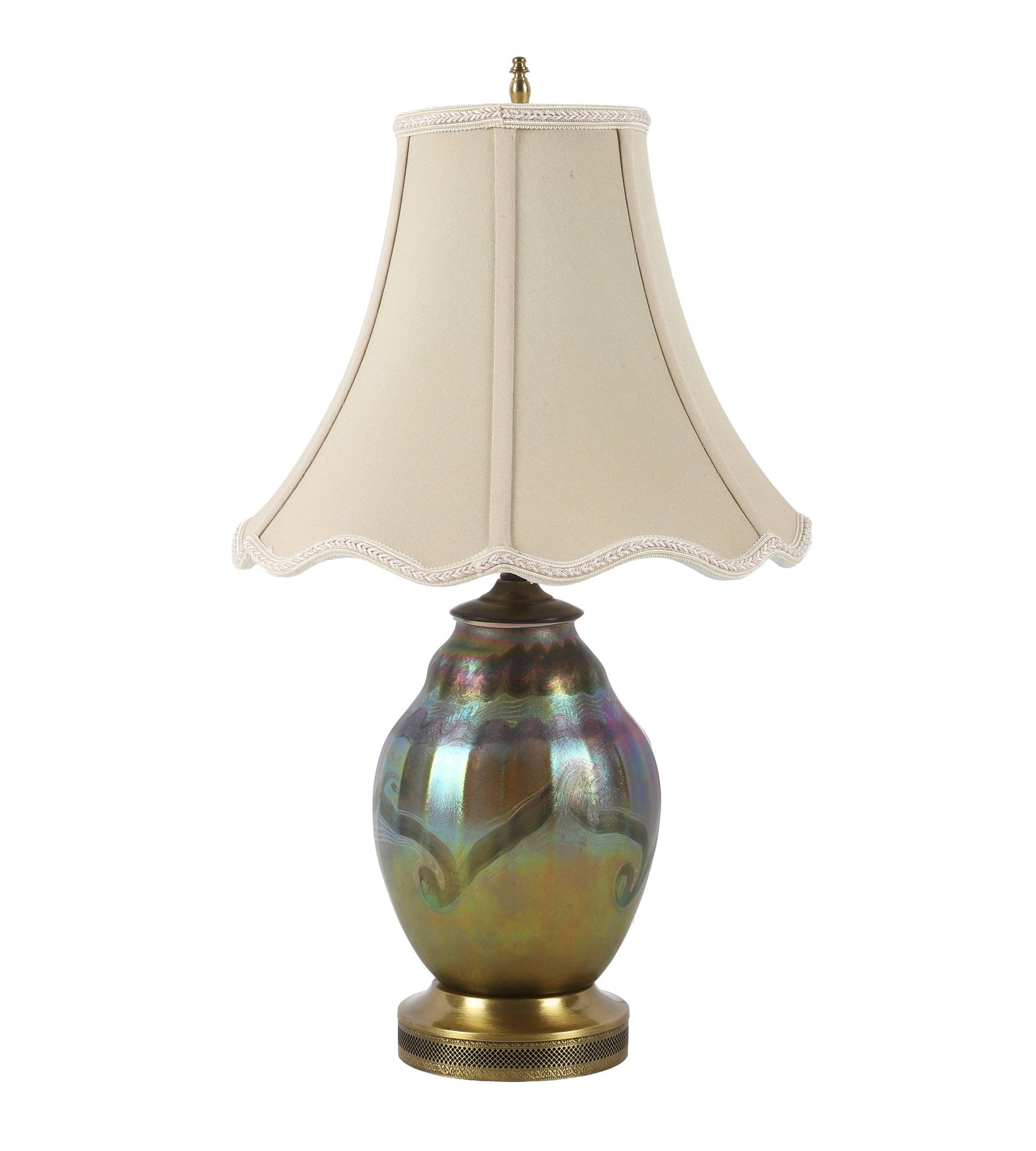 Tiffany Favrile Glass Lamp: Tiffany Favrile Glass Lamp Bedside lamp with prismatic favrile glass, makers marks 'LCT' under metal base. Size: 21 1/2" H x 12 1/2" W including shade