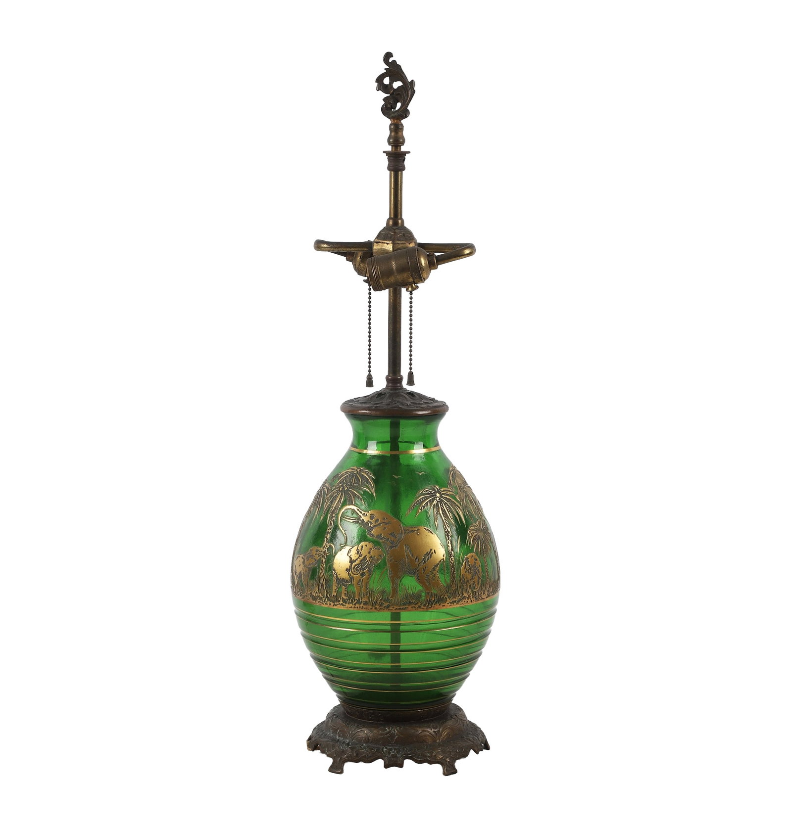 Moser Karlsbad Style Glass Elephant Lamp: Moser Karlsbad Style Glass Elephant Lamp Art Nouveau Moser Karlsbad style art glass elephant lamp. Floral bronze base supports a hand blown green beehive form with concentric rings leading up to a