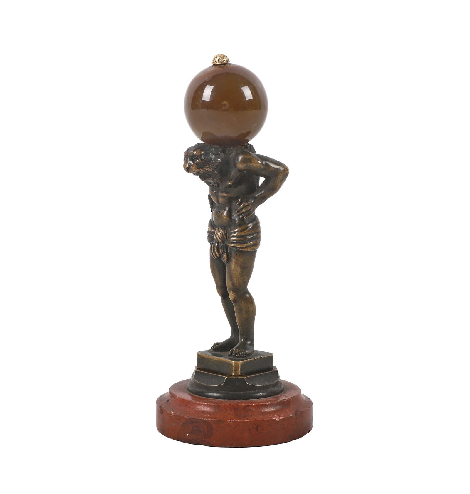 Antique Figural Bronze Atlas Desk Seal: Antique Figural Bronze Atlas Desk Seal Bronze Atlas shouldering an agate sphere seated in a marble base. Stamp is of a coat of arms with a motto banner that reads "Dieu Defend Le Droit." Size: 5.75"