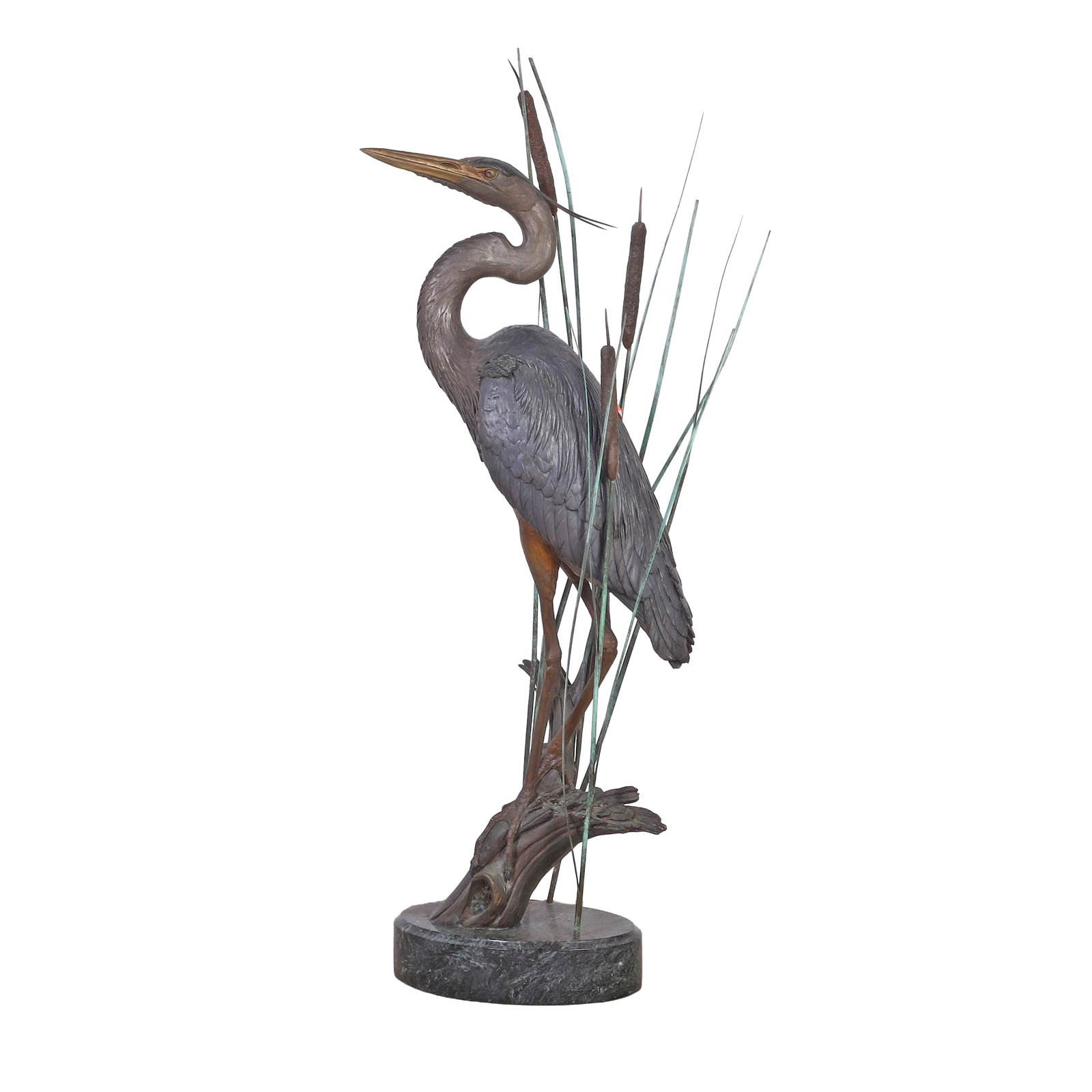 William H. Turner, Great Blue Heron: William H. Turner, Great Blue Heron Figural bronze heron perched in the reeds. Size: 47" H x 20" W x 14" D