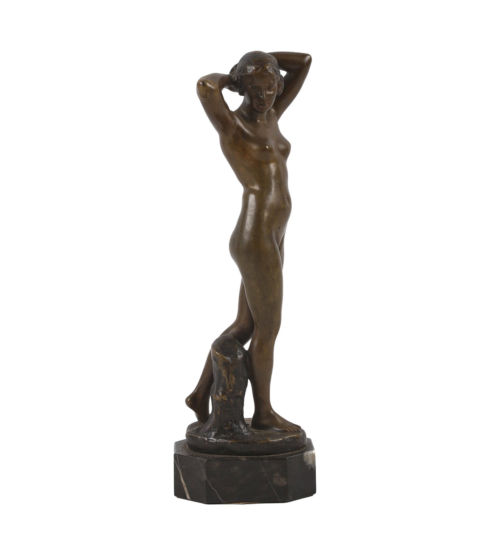 Rudolf Kaesbach, German 1873-1955, Sculpture of a Nude Woman, Bronze: Rudolf Kaesbach German, 1873-1955 Sculpture of a Nude Woman Bronze Art Deco bronze sculpture of a nude woman by German artist Rudolf Kaesbach (1873-1955) on mottled black marble base, signed. Size: