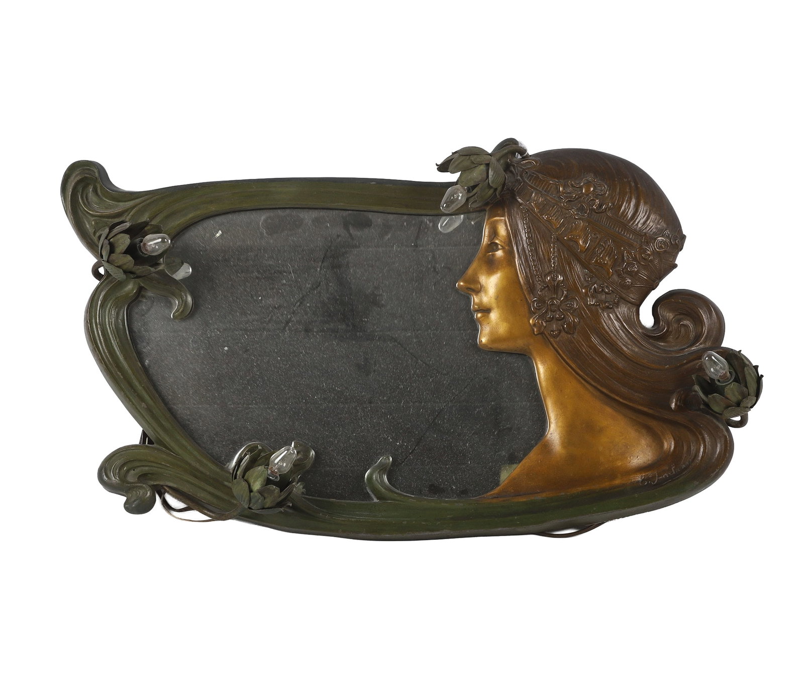 Charles Jonchery, 1873-1937, Art Nouveau Figural Wall Mirror: Charles Jonchery 1873-1937 Art Nouveau Figural Wall Mirror A striking example of Art Nouveau aesthetics, figural mirror by Charles Jonchery (1873-1937) featuring the profile of a woman and four