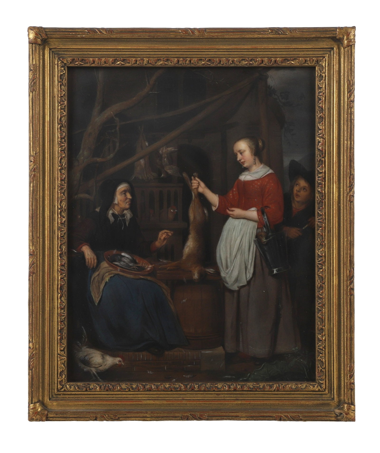 After Gabriel Metsu (1629-1667), 'The Old Game Dealer', Painting on Porcelain: After Gabriel Metsu (1629-1667), 'The Old Game Dealer', Painting on Porcelain Antique genre painting on porcelain plaque after 'Old Master' Dutch artist Gabriel Metsu's (1629-1667) 'The Old Game