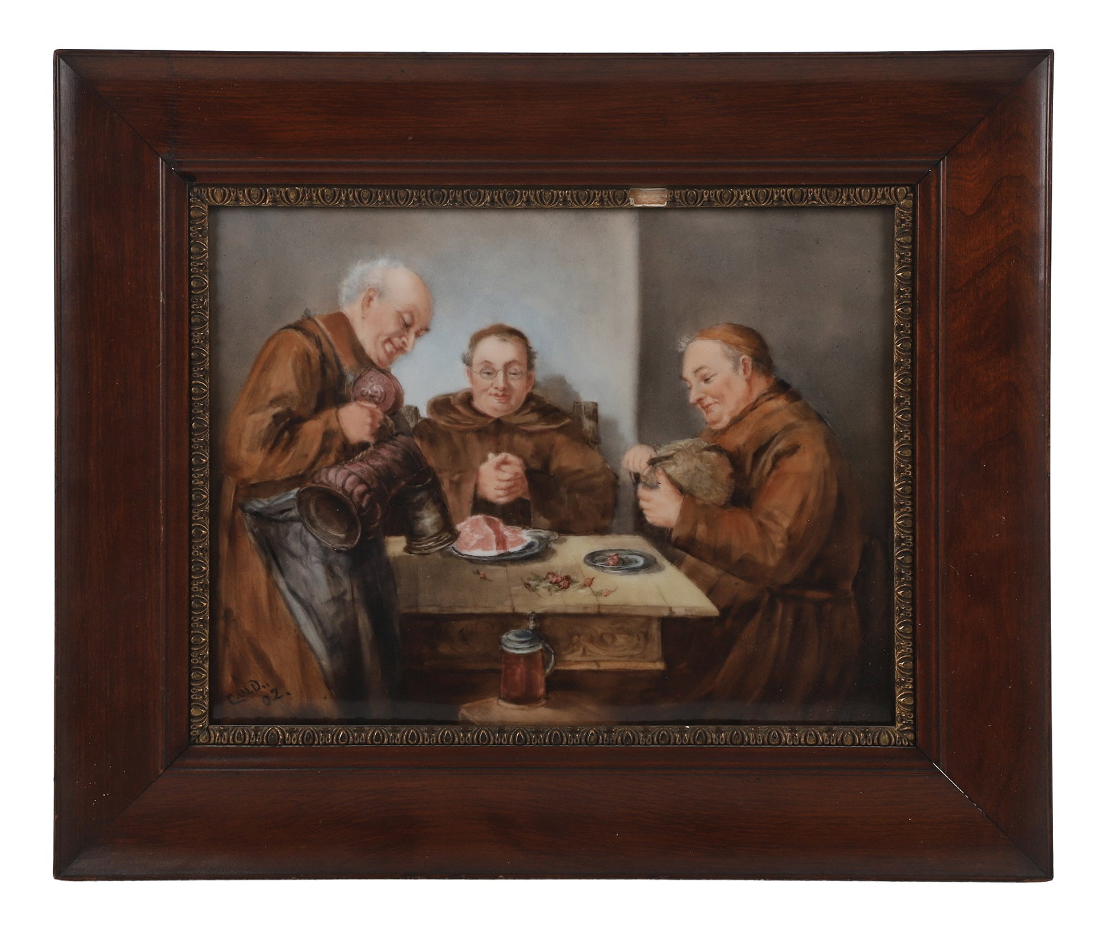 Signed Monks Genre Scene, Painting on Porcelain, German School: Signed Monks Genre Scene, Painting on Porcelain, German School Hand painted porcelain plaque genre scene of three jovial German monks, signed 'C.W.D', dated 1902, verso T&V Limoges mark. Gilt border
