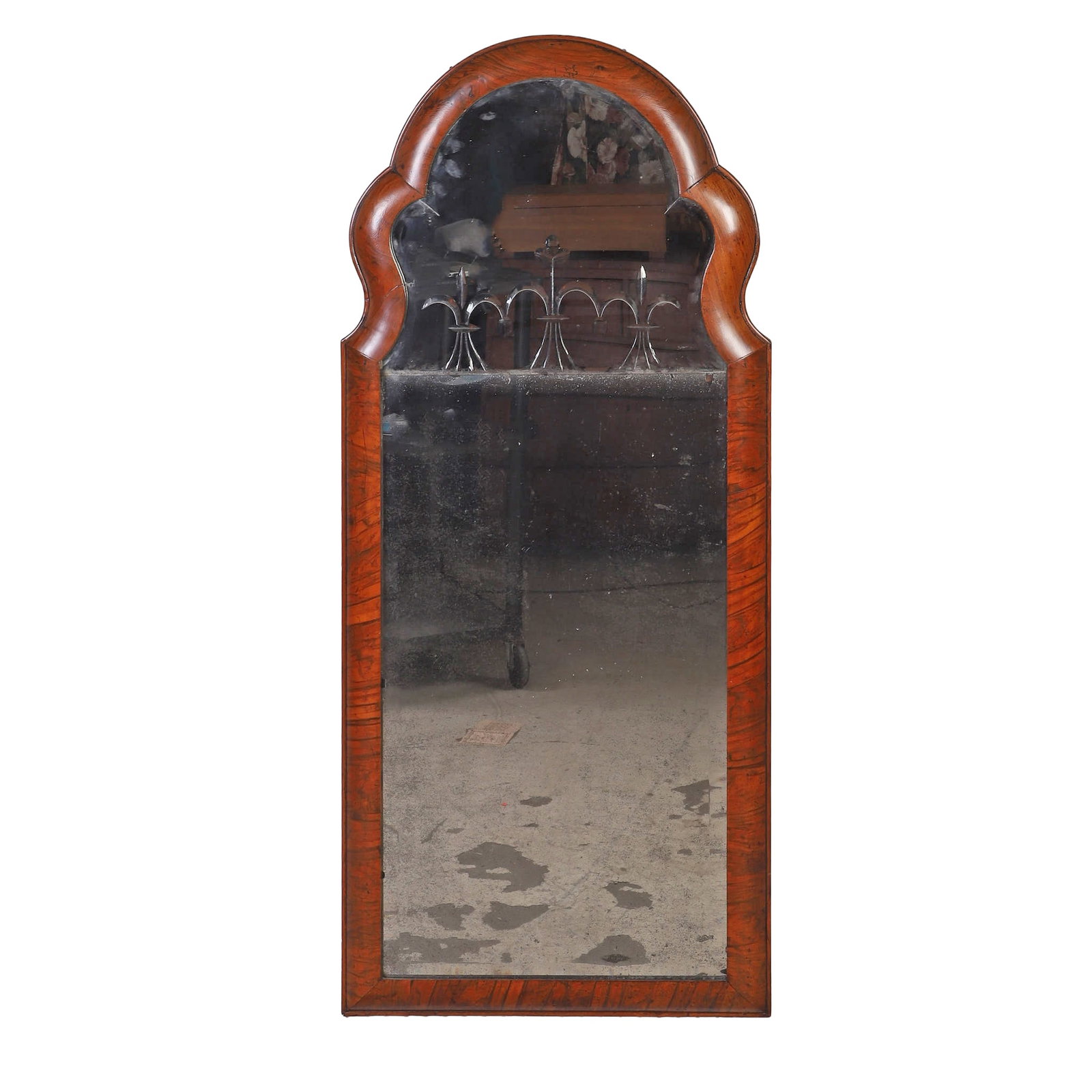 Antique Queen Anne Yew Frame Mirror: Antique Queen Anne Yew Frame Mirror 18th C style mirror with bonnet top and etched wheatsheaf motif. Beveled lower mirror. Size: 50" H x 22" W x 1.75" D