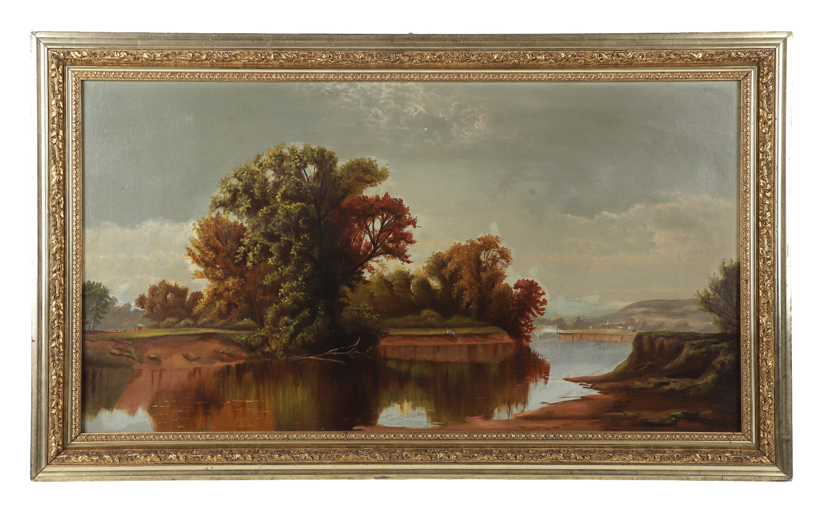 Antique Continental Landscape Painting: Antique Continental Landscape Painting After Alfred Thompson Bricher (American, Late 19th C), Title: Early Autumn on Esopus Creek. Oil on canvas. Size: 19.5" H x 36" W, sight, 24.5" H x 41.5" W,