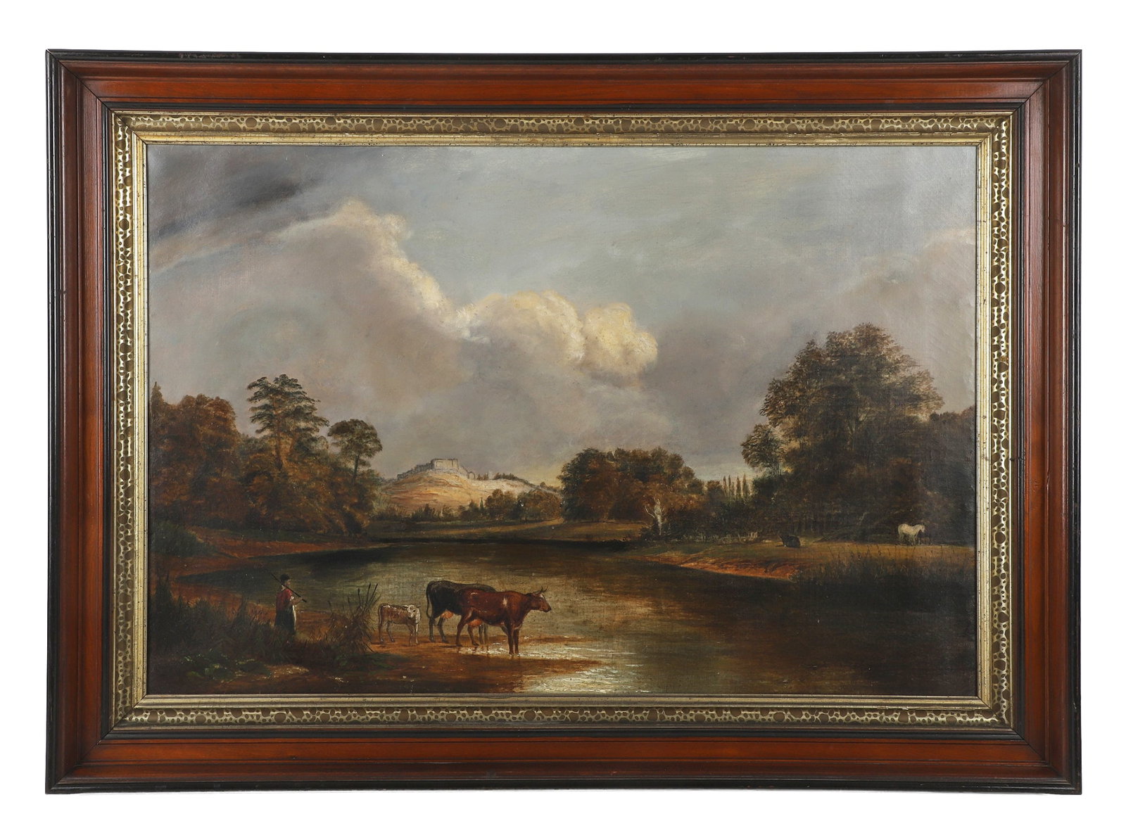 Antique Continental Pastoral Landscape Painting: Antique Continental Pastoral Landscape Painting Continental School. Artist unknown. Oil on canvas. Size: 23.5" H x 35.5" W, sight, 30.5" H x 42.5" W, frame.