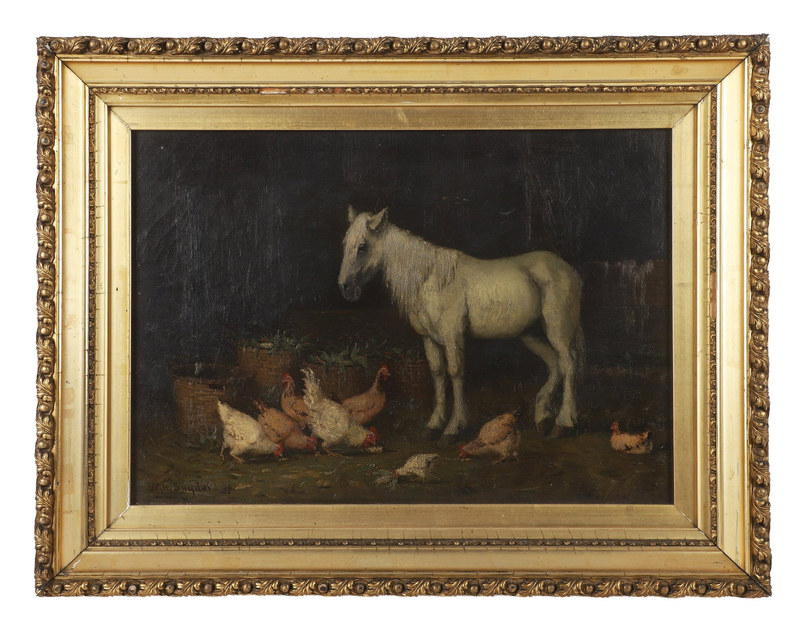 William Henry Snyder, New York 1829-1910, White Horse, Chickens, Genre Painting, Oil on Canvas: William Henry Snyder New York, 1829-1910 White Horse, Chickens, Genre Painting Oil on Canvas Late 19th C Equestrian stable scene with chicks and hens. 13.5" H x 19.5" W, sight. 19.5" H x 25.5" W,