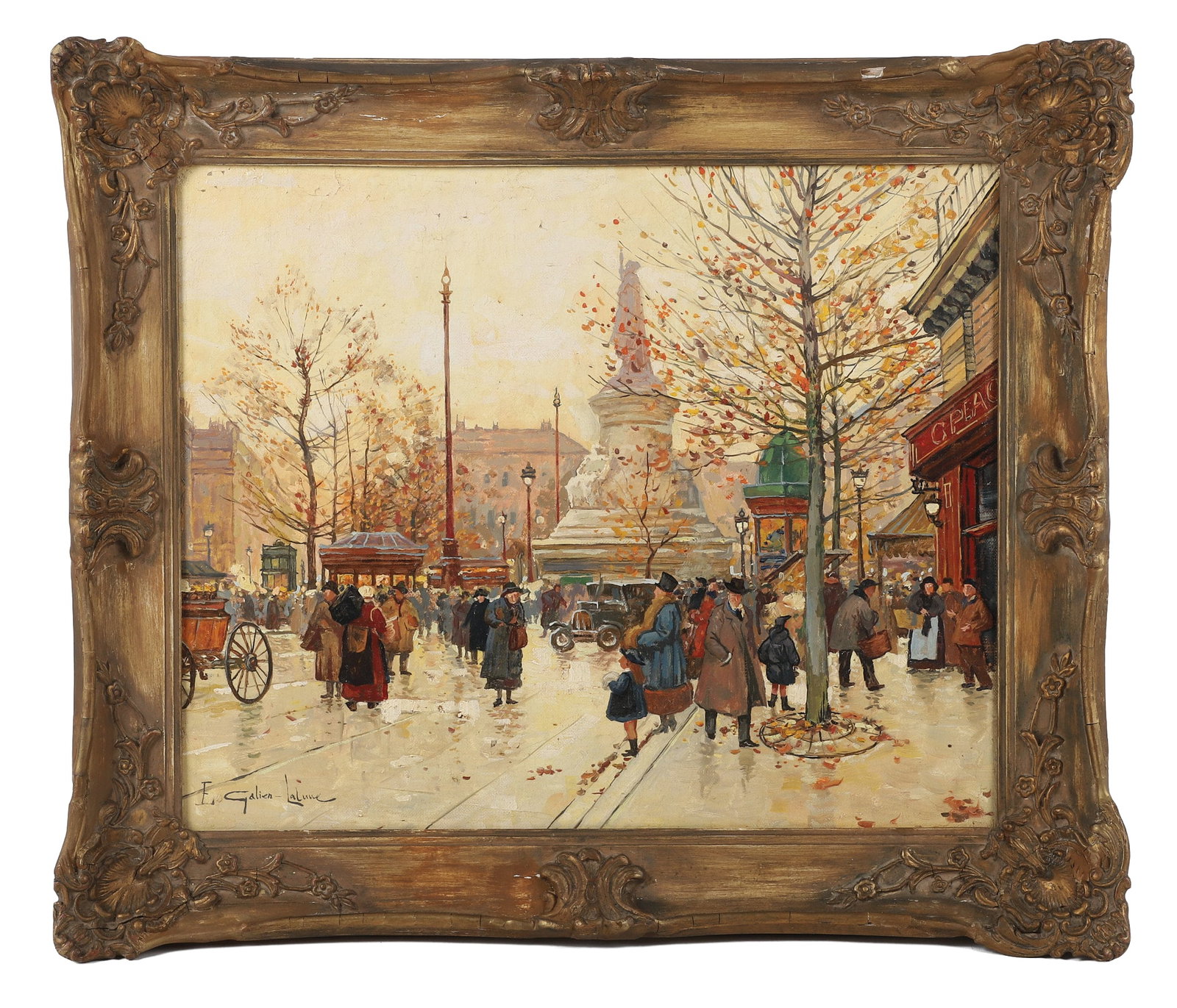 Eugene Galien-Laloue, French 1854-1941, The Square of The Republic in Autumn, Oil on canvas.: Eugene Galien-Laloue French, 1854-1941 The Square of The Republic in Autumn Oil on canvas. Bustling Autumn Parisian Street Scene at Place de la Republique. Late 19th, early 20th C depiction with