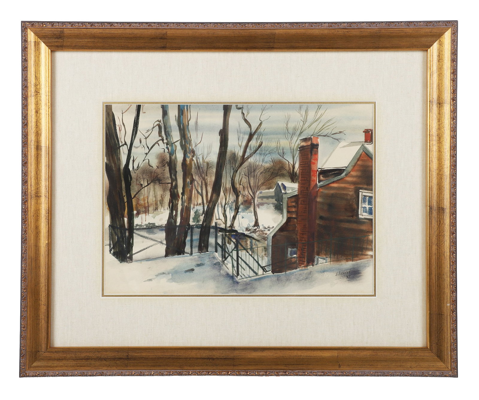 Raphael Ellender, American 20th C, Untitled. 1937, Watercolor: Raphael Ellender American, 20th C Untitled. 1937 Watercolor Regionalist depiction of bucolic pond-side cottage. May be in New York state.
