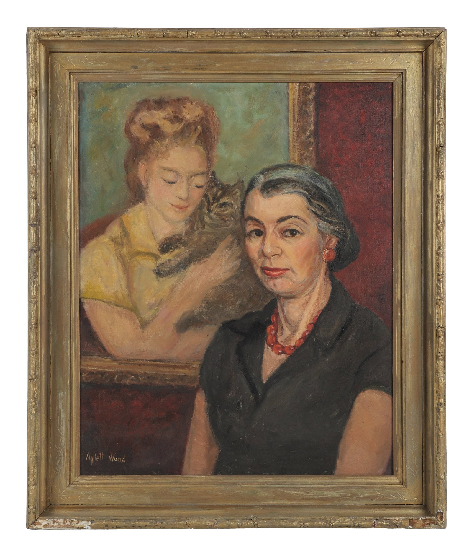 Aylett L. Wood (American, 20th century), Oil on canvas Portrait: Aylett L. Wood (American, 20th century), Oil on canvas Portrait Half length oil on canvas portrait depicting a woman sitting in front of a portrait hanging on the wall of "Woman with a Cat", an 1875 p