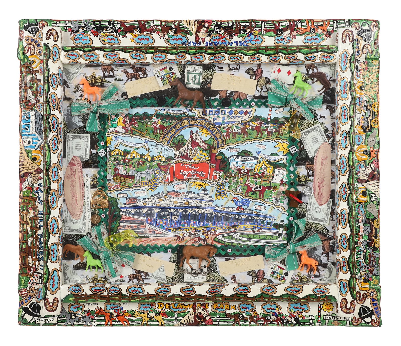 Pamella Bounds Seeman, American 20th/21st C, Delaware Park, Mixed Media Collage: Pamella Bounds Seeman American, 20th/21st C Delaware Park Mixed Media Collage Outsider Folk Art composition. Regional homage to Delaware Park horse track. Signed and dated 1995. Label on obverse procl