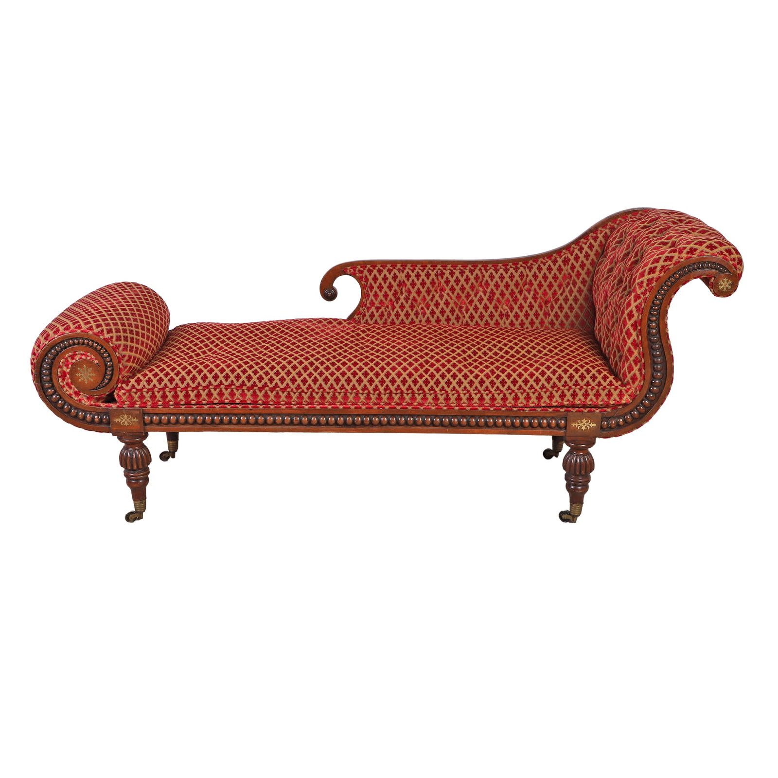 Antique Continental Chaise Longue: Antique Continental Chaise Longue Mahogany frame recamier with brass inlay. Cut velvet upholstery. Size: 35" H x 82" W x 26" D