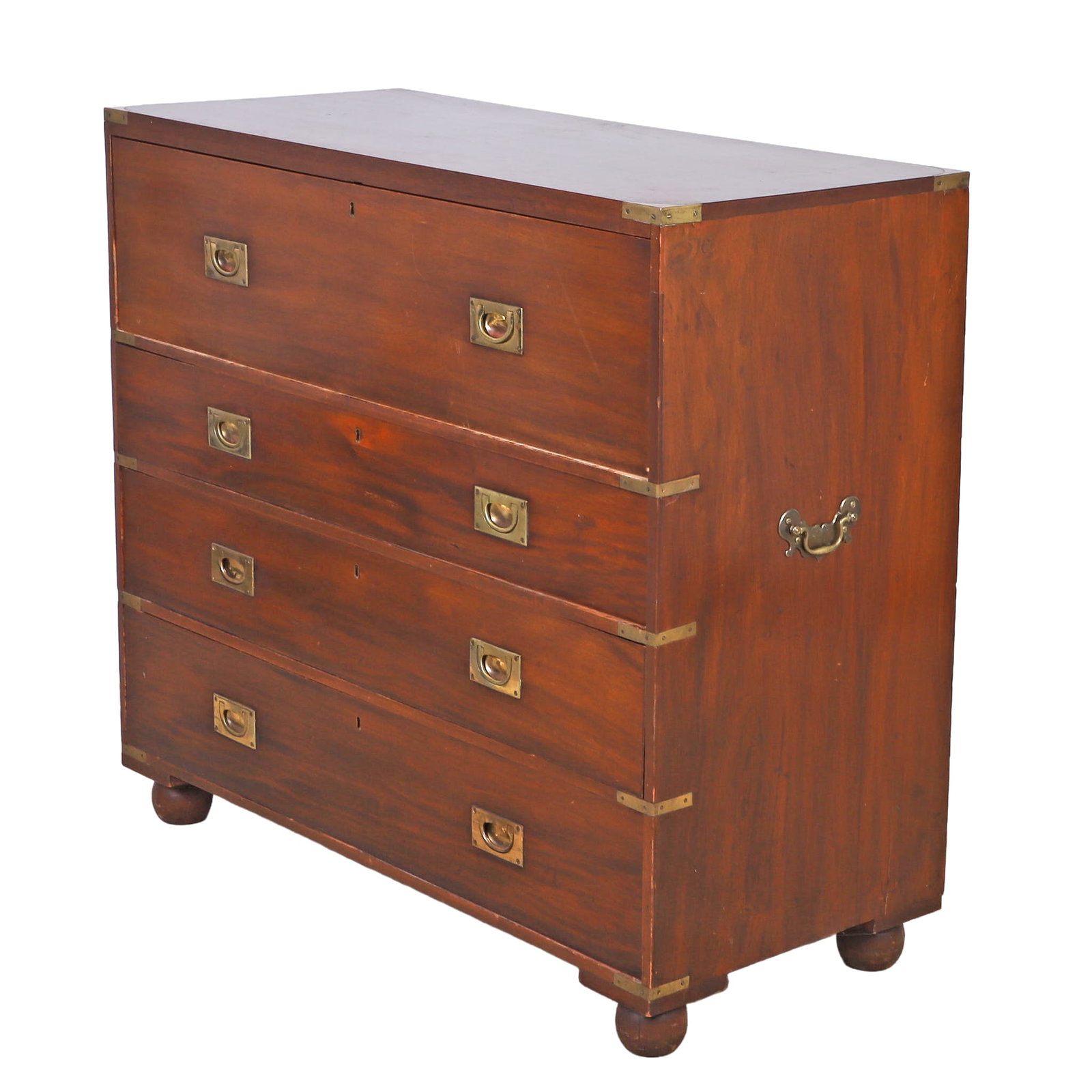 English Campaign Style Secretary Desk: English Campaign Style Secretary Desk A fitted interior in the top drawer of this chest of drawers. Brass bound corners and flush drawer pulls atop turned bun feet. Size: 42" H x 46" W x 20.5" D