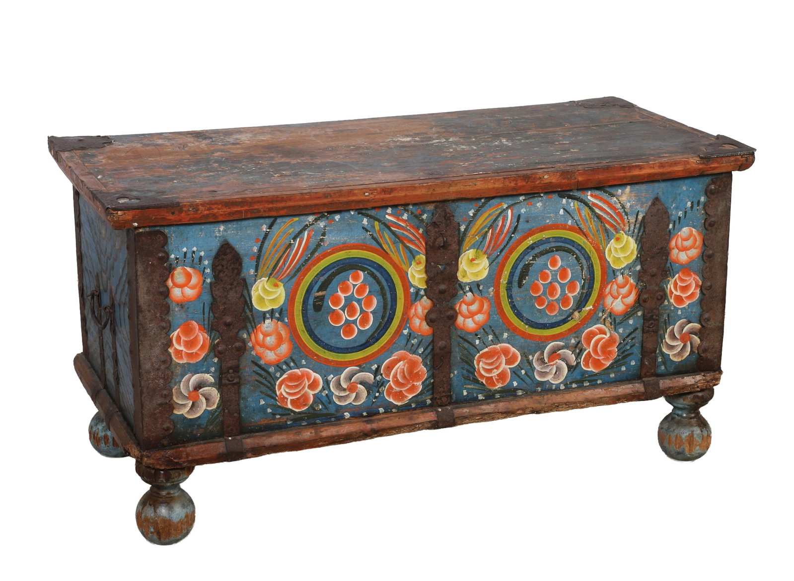 Antique Folk Painted Tyrolean Trousseau: Antique Folk Painted Tyrolean Trousseau Wrought iron mounted hope chest. Size: 20.25" H x 38.5" W x 17.5" D