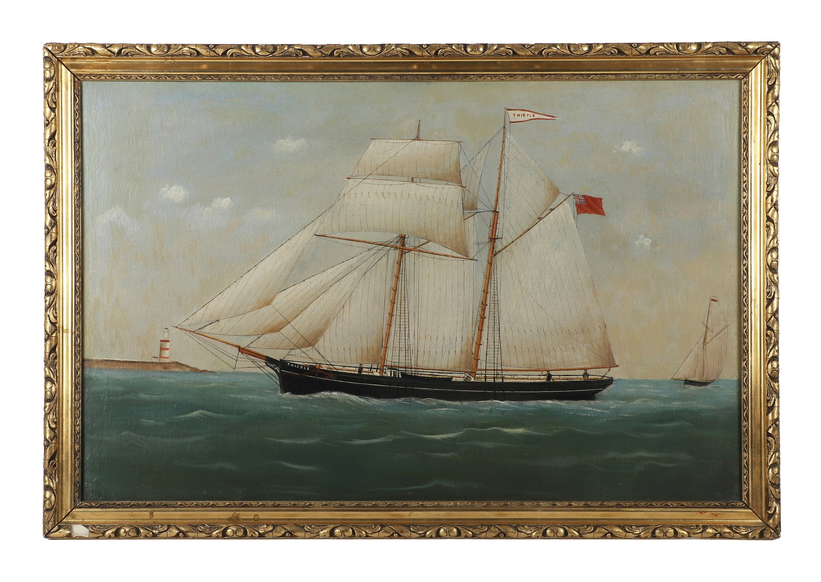 Folk Art Schooner Painting: Folk Art Schooner Painting Vessel named The Thistle. Oil on canvas. Size: 21.5" H x 33.5" W, sight, 25" H x 37.5" W, frame.