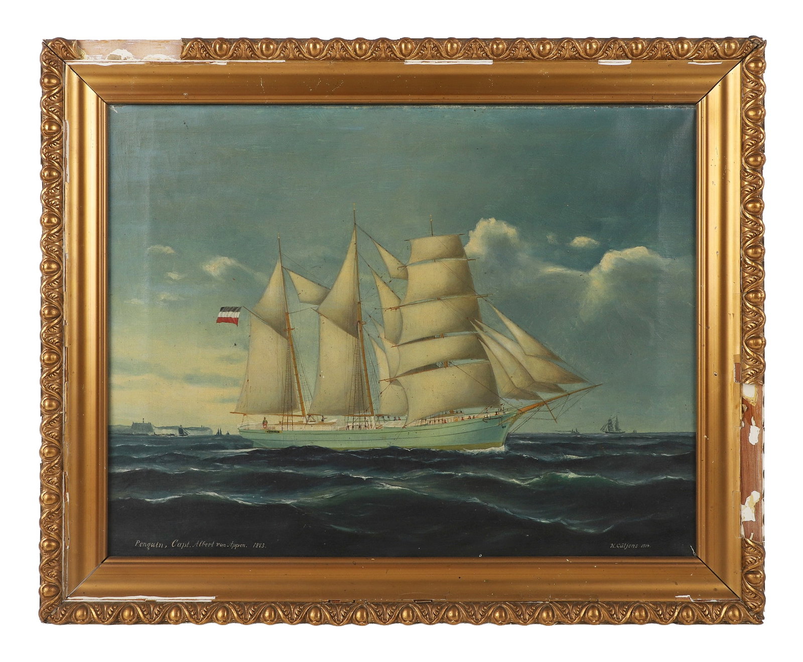 H Gutjens, 1914 Painting, The Dutch Schooner, Penguin, Oil on canvas.: H Gutjens 1914 Painting, The Dutch Schooner, Penguin Oil on canvas. Titled: Penguin, Capt. Albert von Appen, 1873. Siigned H. Gutjens, lower right hand corner. Oil on canvas. Gesso frame with losses.