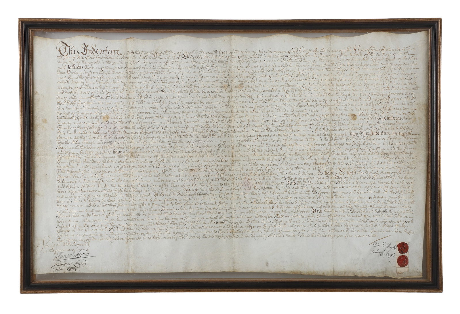 Framed Late 17th/18th C. Pennsylvania Indenture: Framed Late 17th/18th C. Pennsylvania Indenture Framed indenture dealing with Pennsylvania land in Chester county, earliest date noted of 1697. Double sided, wax seals. 26 1/4" x 17 1/4"