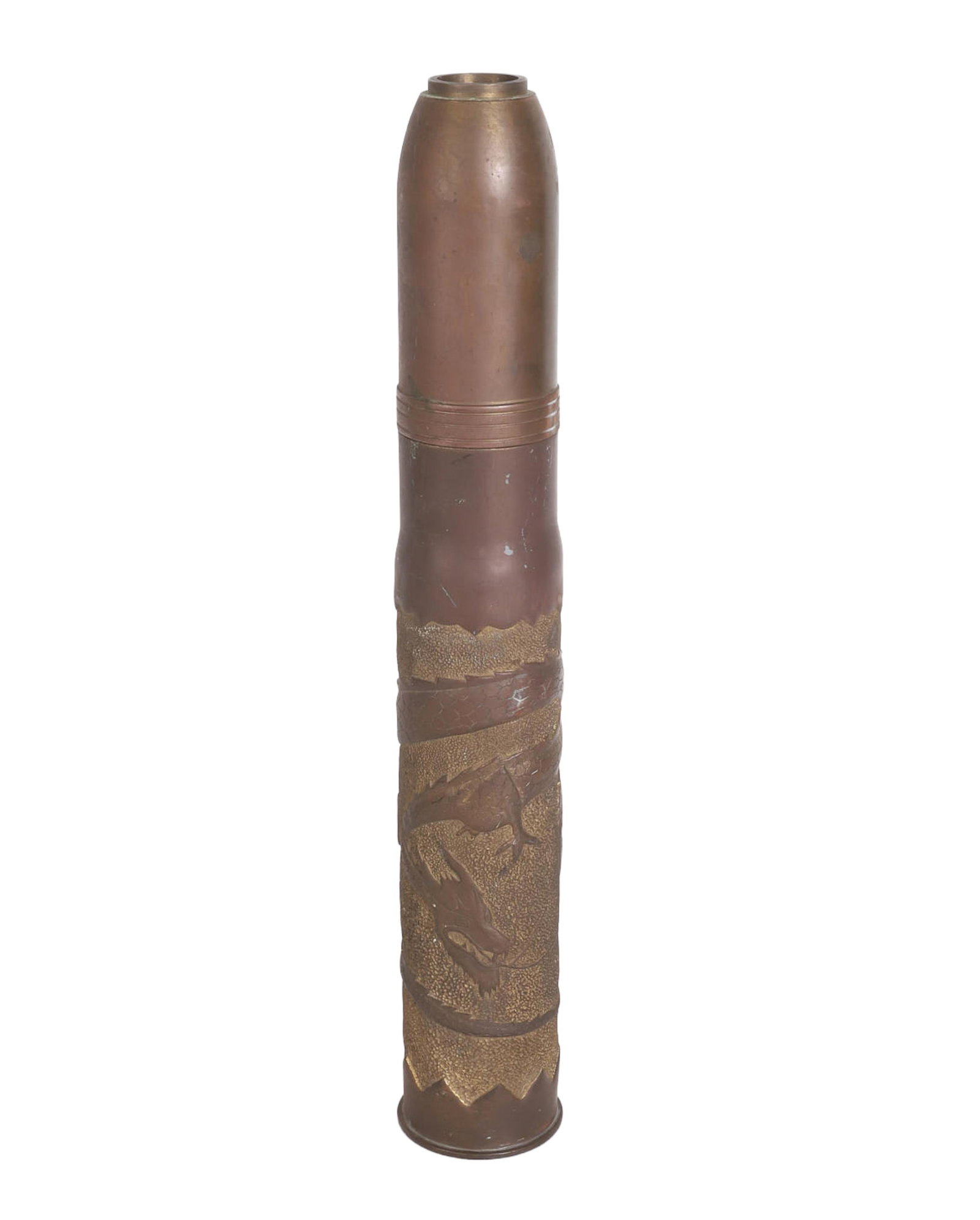 Antique Artillery Shell Trench Art: Antique Artillery Shell Trench Art Gorgeous piece of trench art engraved onto an early artillery shell featuring a twisting Chinese dragon with the year '1919'. No makers marks. Size: 20" H