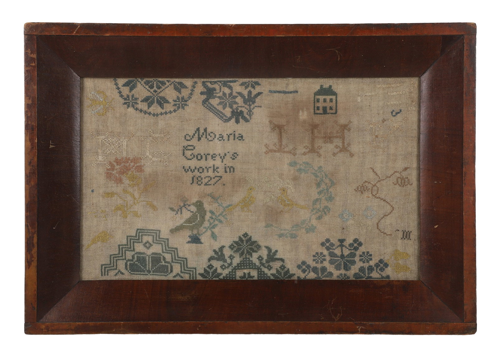19th C. Needlework Sampler, Moaria Corey, 1827: 19th C. Needlework Sampler, Moaria Corey, 1827 Framed 19th c. needlework sampler from Moaria Corey, 1827. Frame shows some wear with age/storage. Size - sight: 16 1/2" x 10"; frame: 21 1/2" x 15"