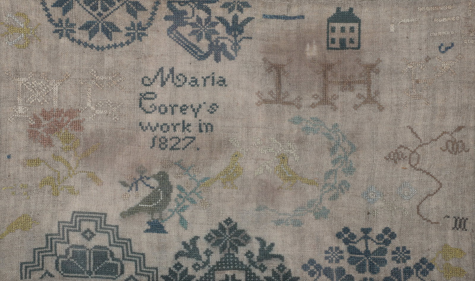 19th C. Needlework Sampler, Moaria Corey, 1827 - 2