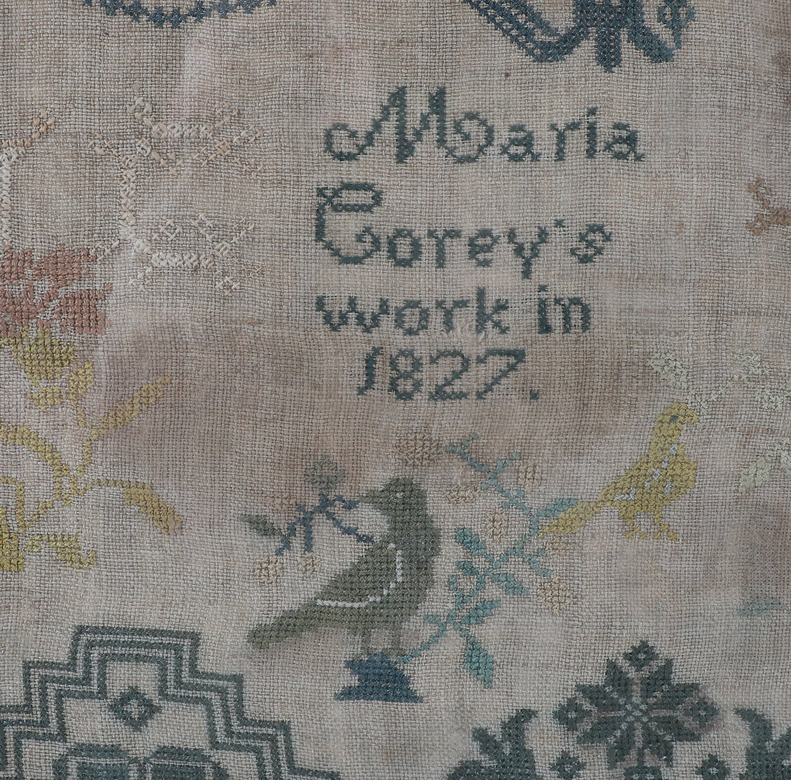 19th C. Needlework Sampler, Moaria Corey, 1827 - 7