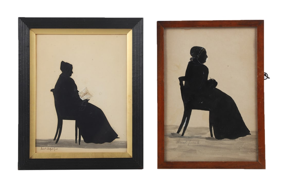 (2) Early Framed Silhouettes: (2) Early Framed Silhouettes (2)Pair of framed Victorian silhouettes of elderly women sitting in chairs, one knitting and one reading, with written labels that are likely their names. Reading woman is