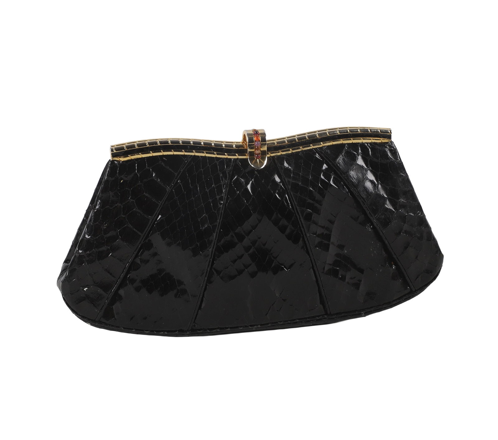 Judith Leiber Black Leather Clutch with Gemstones: Judith Leiber Black Leather Clutch with Gemstones Judith Leiber Black Leather Clutch with Gemstones With Judith Leiber Box, black snake leather tapered pleated purse with a gold-toned curved frame and