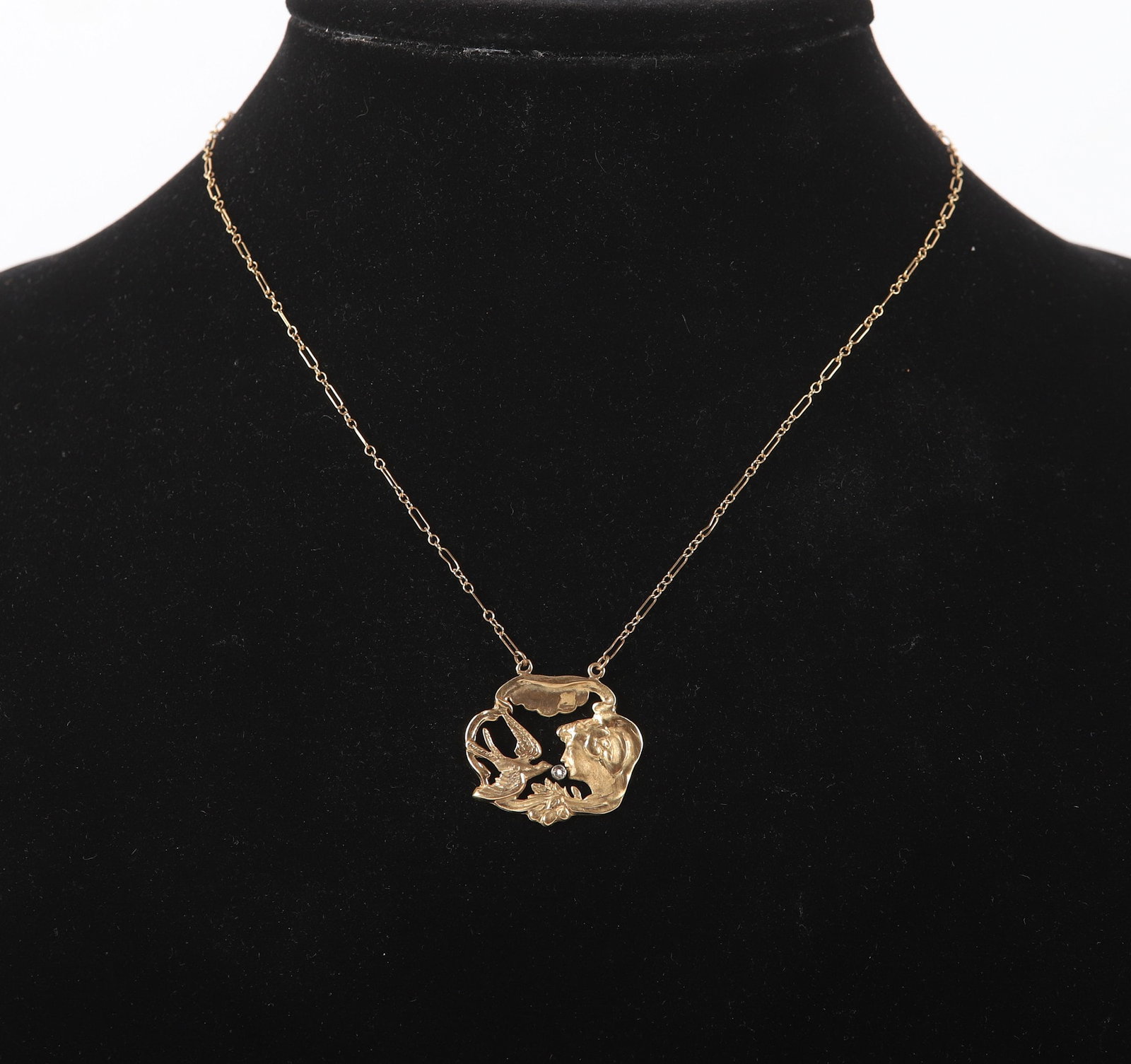 14 K YG Art Nouveau Style Lady & Swan Diamond Pendant Necklace (1 of 5)