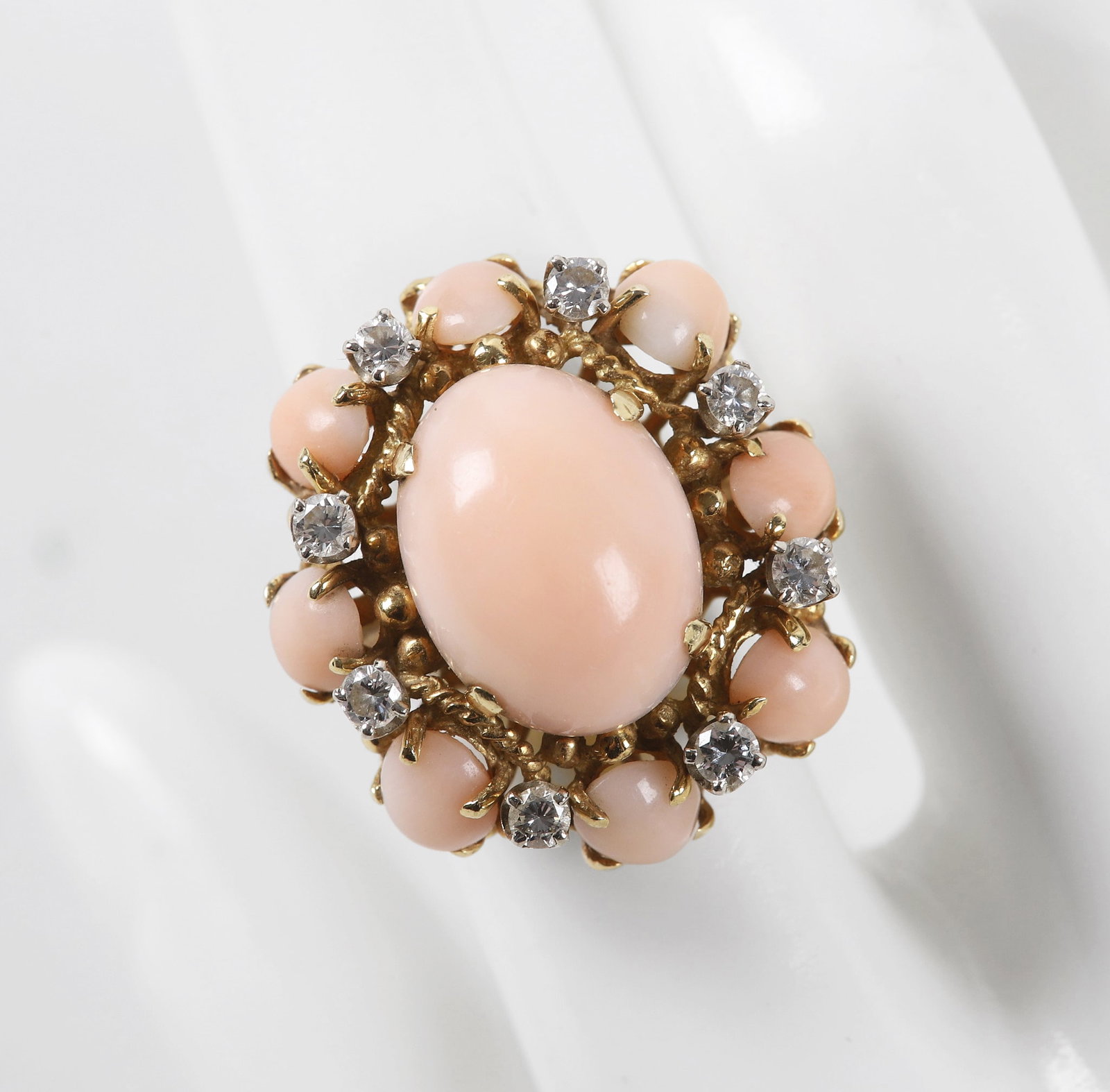18 K Gold Angel Skin Coral & Diamond Cluster Ring (1 of 5)