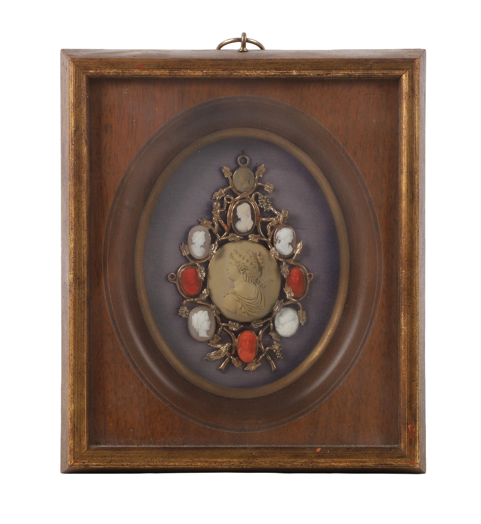 Victorian Gold Multi-Cameo Pendant, Framed: Victorian Gold Multi-Cameo Pendant, Framed A unique Victorian openwork gold pendant set with ten hand carved cameos in shell, coral and lava stone. Accented with grapes, doves and cherubs, all in fram