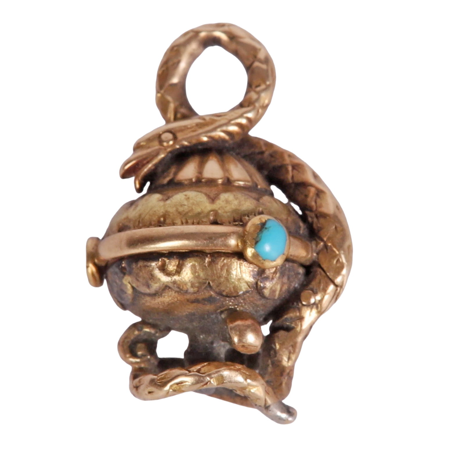 Antique Gold Poison Vinaigrette Locket: Antique Gold Poison Vinaigrette Locket Antique Gold Poison Vinaigrette Pendant Locket. Likely 18th C. A figural coiled snake wraps this hinged censer form vessel. Two of 3 turquoise gems missing. Size