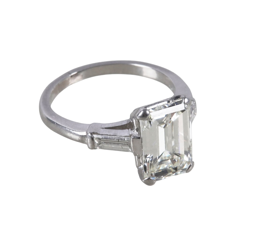 Iridium Platinum Three Stone Emerald Cut Diamond Ring (1 of 8)