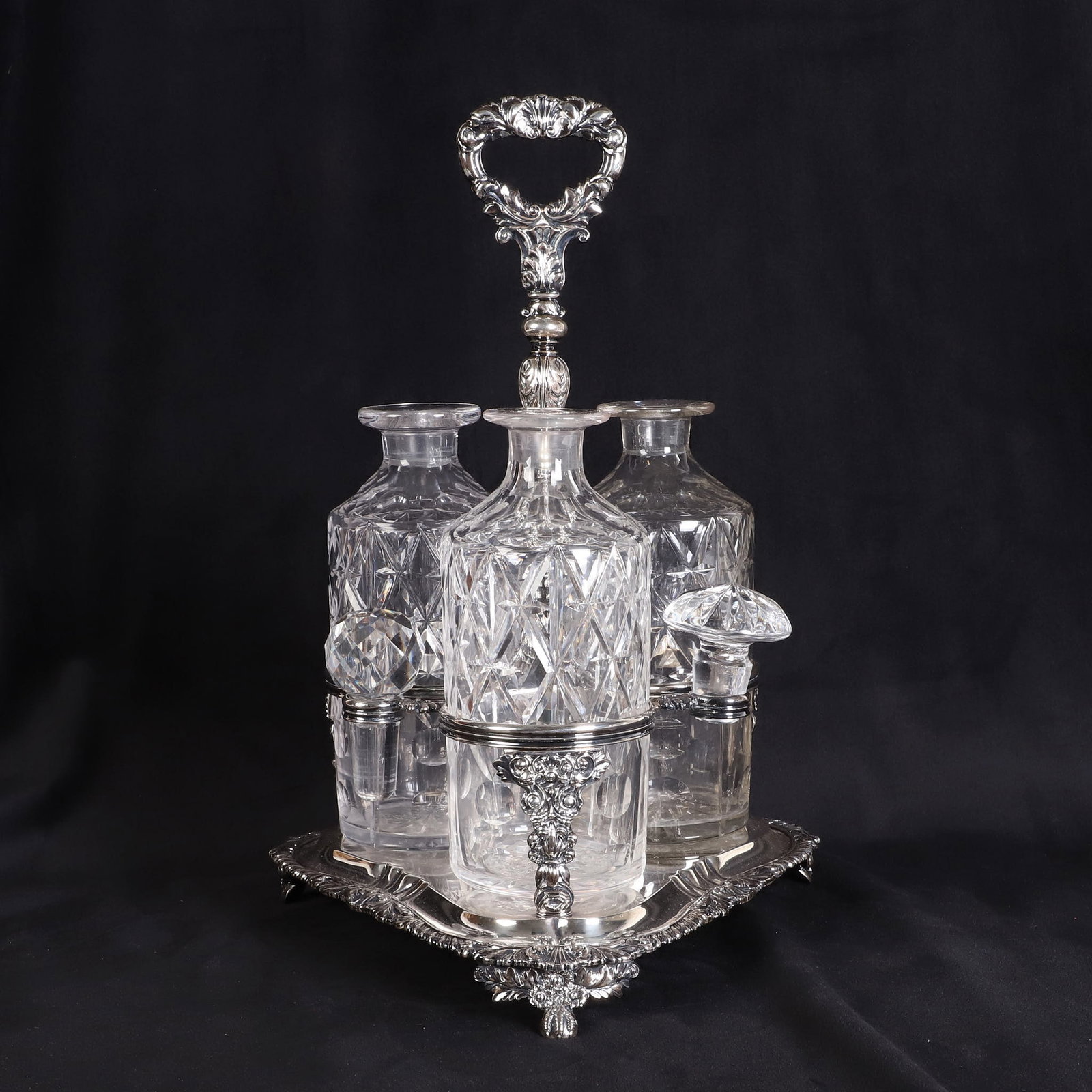 19th C. Sterling Decanter Stand W/ (3) Decanters (1 of 9)
