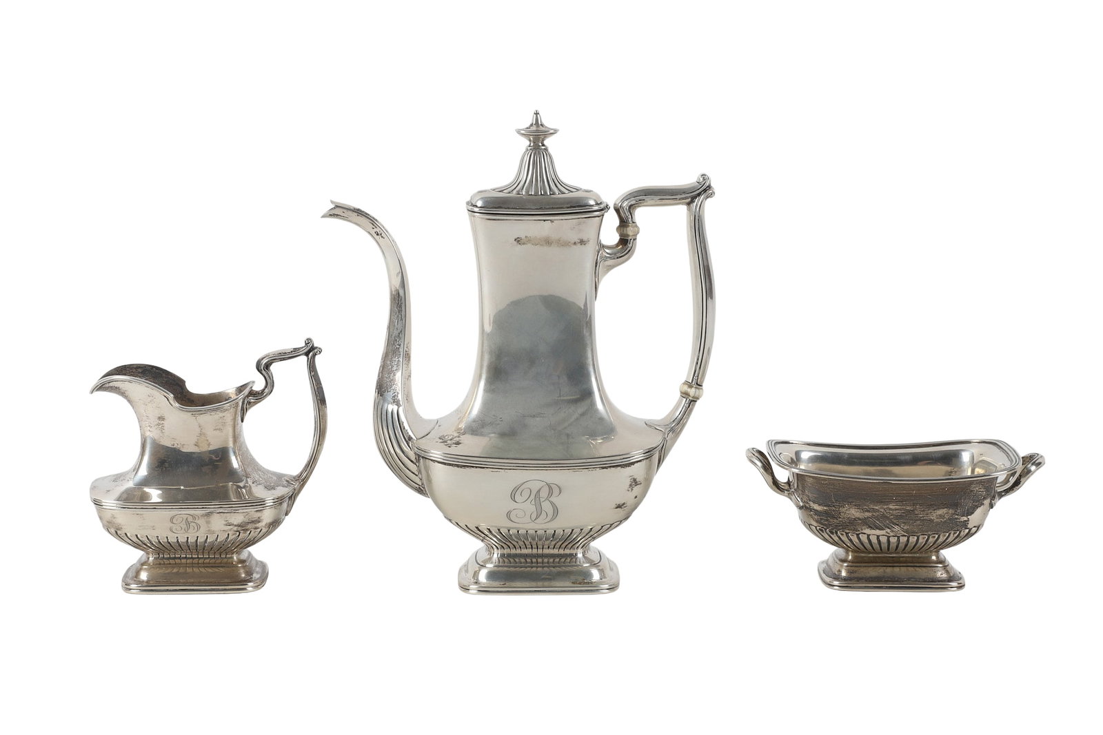 Bailey, Banks & Biddle Sterling Silver Tea Set: Bailey, Banks & Biddle Sterling Silver Tea Set Bailey Banks & Biddle three piece sterling silver tea set with matching fluted motif including teapot (19.885 ozt), creamer (7.680) and sugar (6.880). Fa
