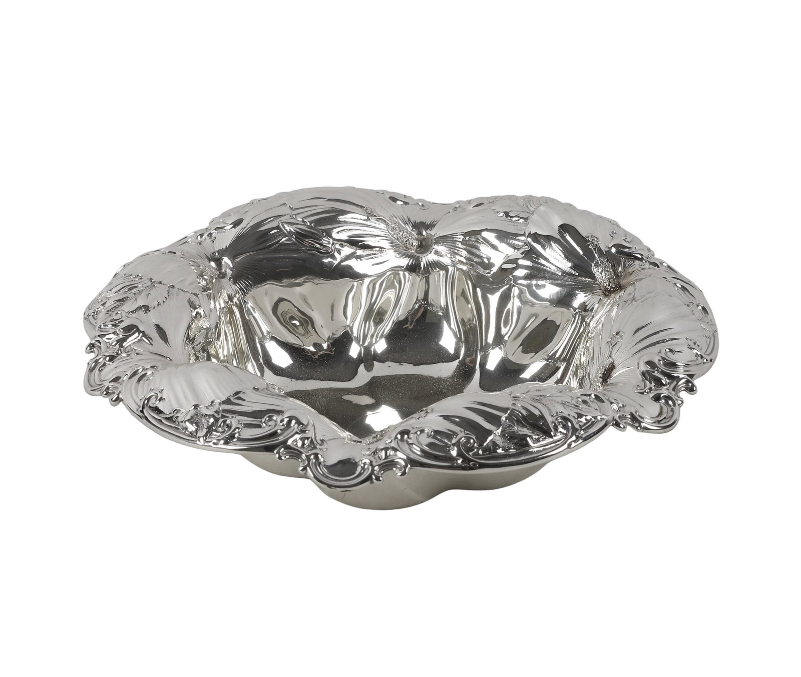 Whiting 'Hibiscus' Sterling Silver Bowl: Whiting 'Hibiscus' Sterling Silver Bowl Turn of the century Whiting 'Hibiscus' pattern sterling silver bowl. Makers marks underneath, 22.025 ozt, 12 1/4"w x 3 3/8"h