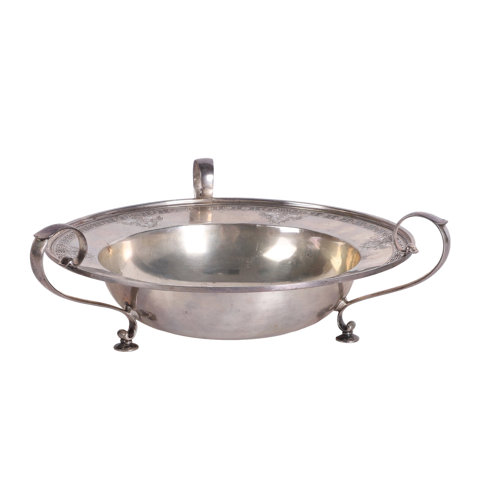 Bigelow Kennard Art Nouveau Sterling Fruit Bowl: Bigelow Kennard Art Nouveau Sterling Fruit Bowl Art Nouveau style Bigelow Kennard & Co sterling silver fruit bowl showing pierced design rim with three feet twisting into handles. Makers marks