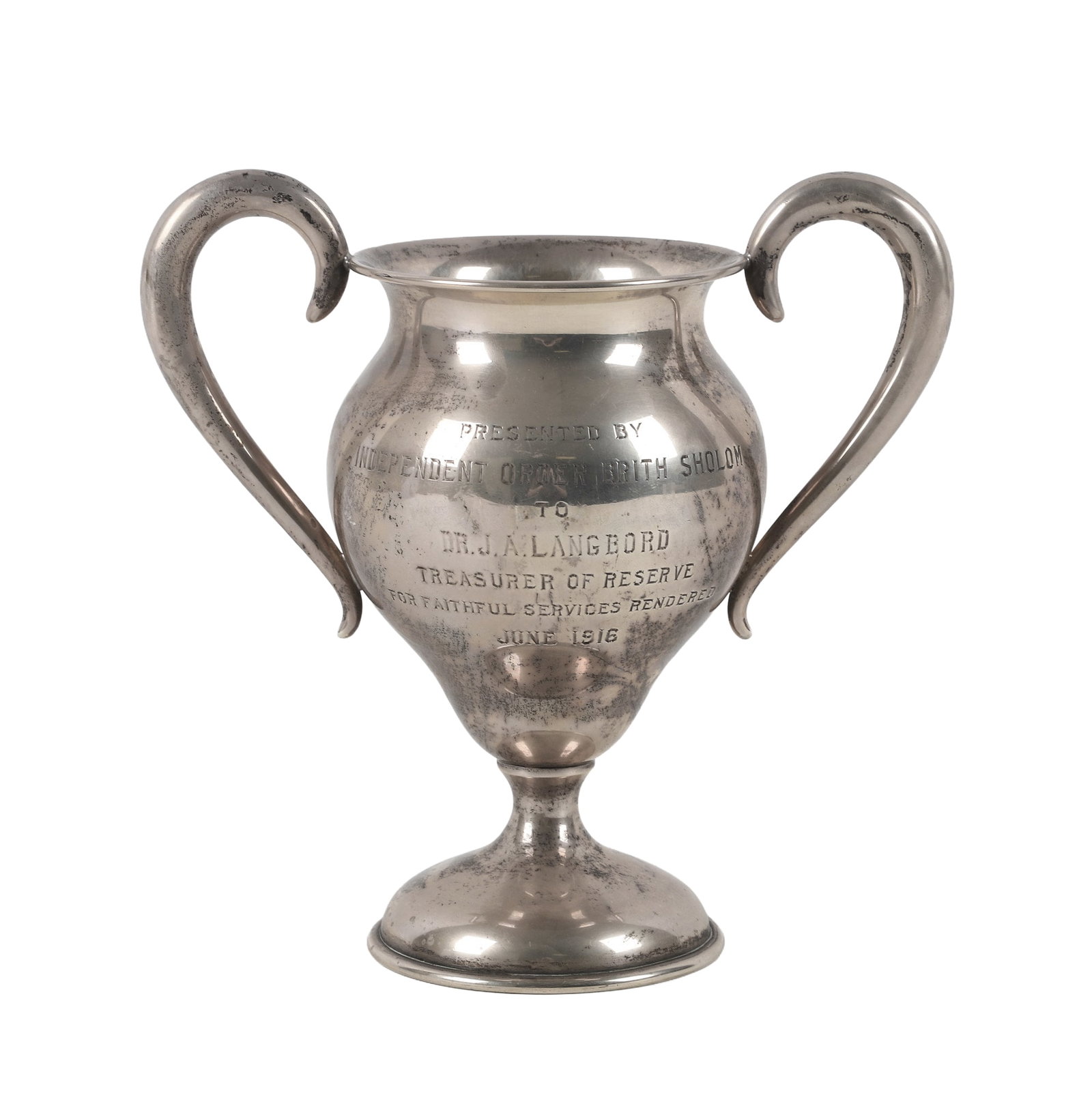 1916 S. Kind & Sons 'Independent Order Brith Sholom' Sterling Trophy: 1916 S. Kind & Sons 'Independent Order Brith Sholom' Sterling Trophy 1916 'Independent Order Brith Sholom' sterling silver trophy honoring Dr. J.A. Langbord, Treasurer of Reserve. Marked underneath