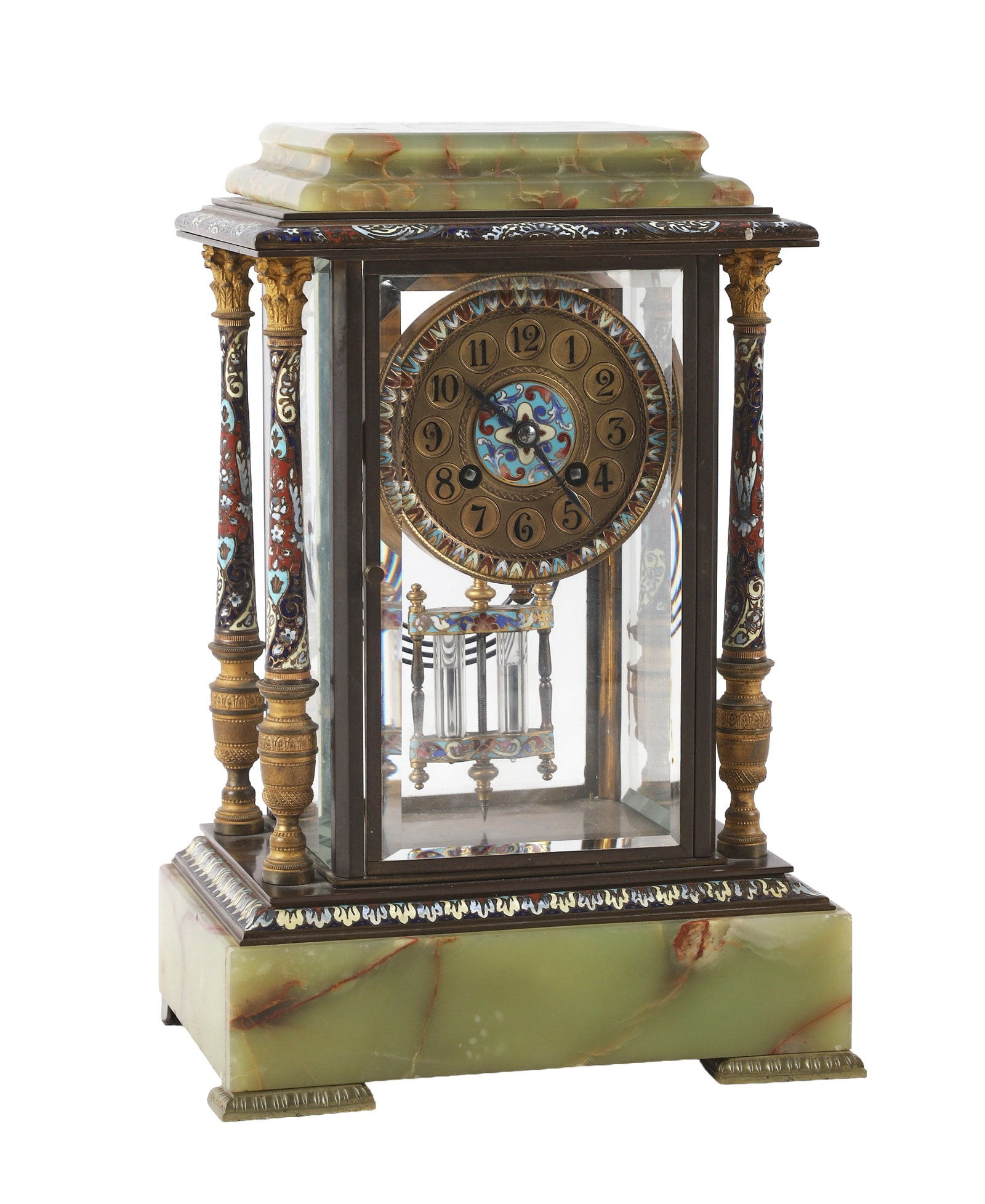 French Art Nouveau Champleve Regulator Mantle Clock, Samuel Marti: French Art Nouveau Champleve Regulator Mantle Clock, Samuel Marti Antique French regulator mantle clock in green onyx with four decorative pillars, brass fittings laden in colorful champleve, cut glas