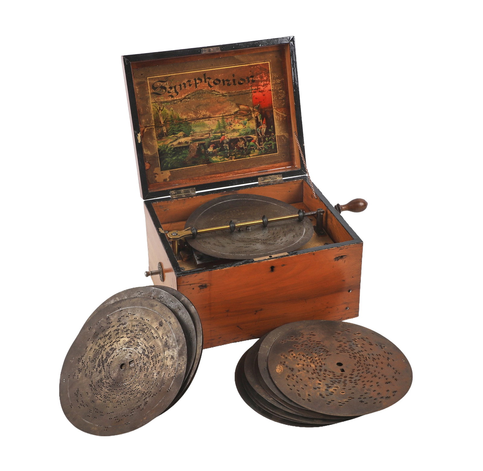 Antique Schutz-Marke Symphonion Music Box w/ (12) Discs: Antique Schutz-Marke Symphonion Music Box w/ (12) Discs Turn of the century German Schutz-Marke Symphonion disc music box complete with (12) 7 5/8" discs. Fantastically preserved condition in rich ven